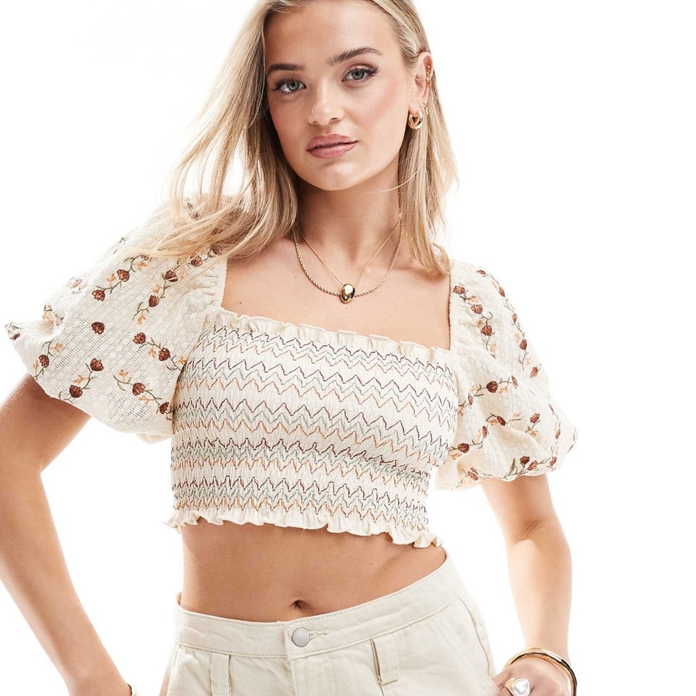 Floral Embroidered Cream Crop Top